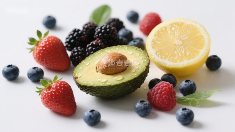 高清大图下载【趣麦麦图】新鲜水果组合：草莓、蓝莓、柠檬与牛油果