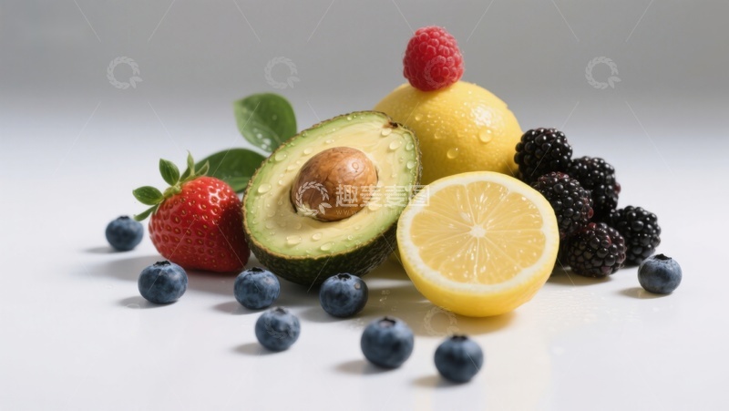 高清大图下载【趣麦麦图】新鲜水果组合：柠檬、牛油果与浆果