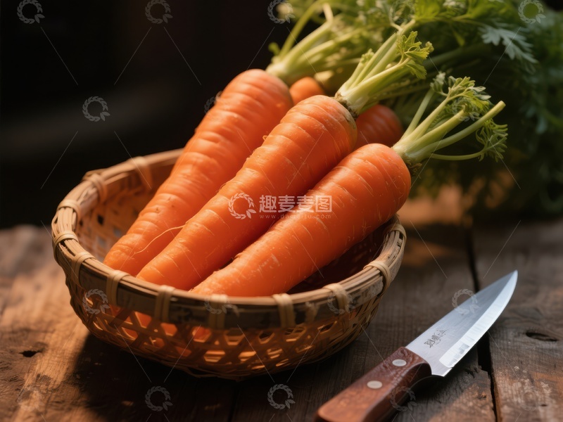 高清大图下载【趣麦麦图】新鲜胡萝卜置于竹篮，旁配小刀
