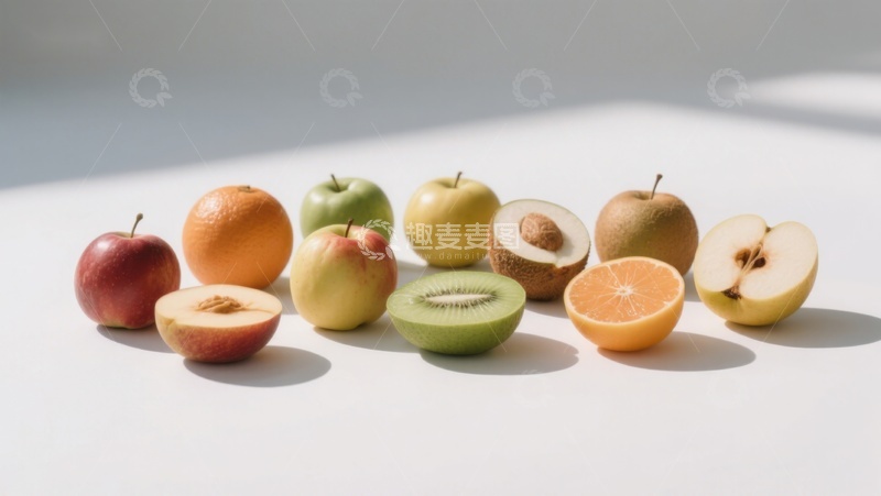 高清大图下载【趣麦麦图】新鲜水果展示：苹果、橙子与奇异果