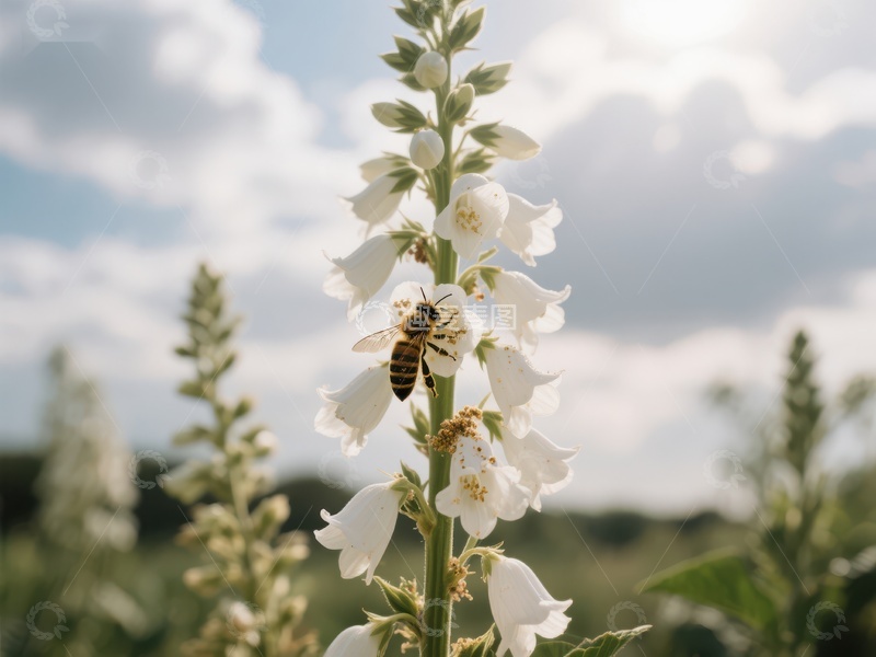 高清大图下载【趣麦麦图】蜜蜂采蜜于白色花朵