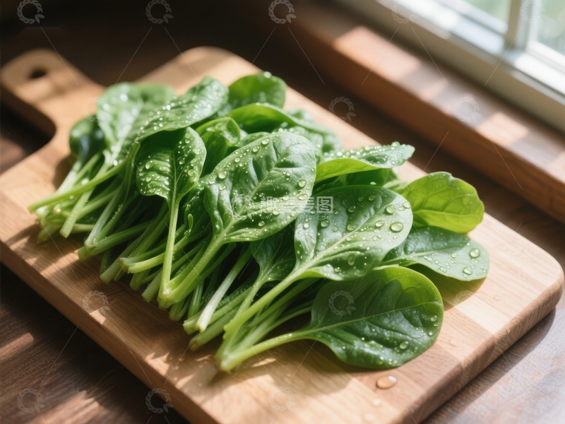 高清大图下载【趣麦麦图】新鲜菠菜置于木质砧板上