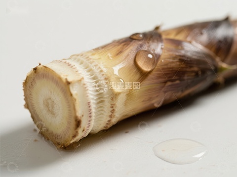 新鲜竹笋切面，水珠点缀
