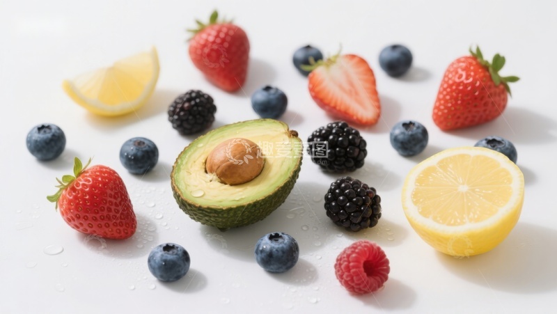 高清大图下载【趣麦麦图】新鲜水果组合：草莓、蓝莓、柠檬与牛油果