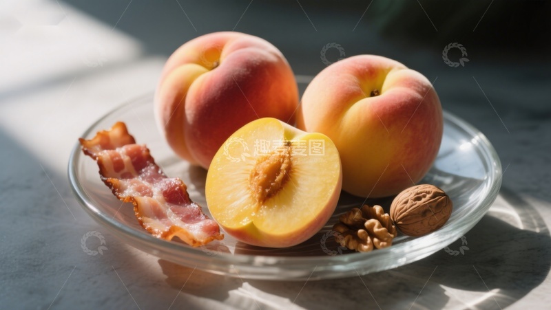 高清大图下载【趣麦麦图】-桃子、培根与核桃的静物组合