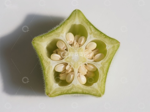 切开的绿色果实，内部种子清晰可见