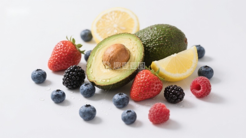 高清大图下载【趣麦麦图】新鲜水果组合：牛油果、浆果与柠檬