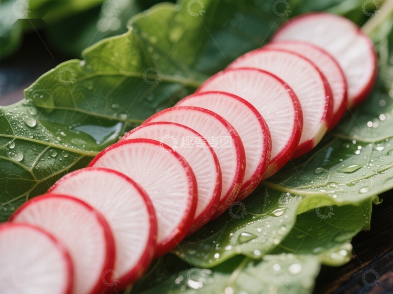 高清大图下载【趣麦麦图】新鲜切片萝卜置于绿叶之上