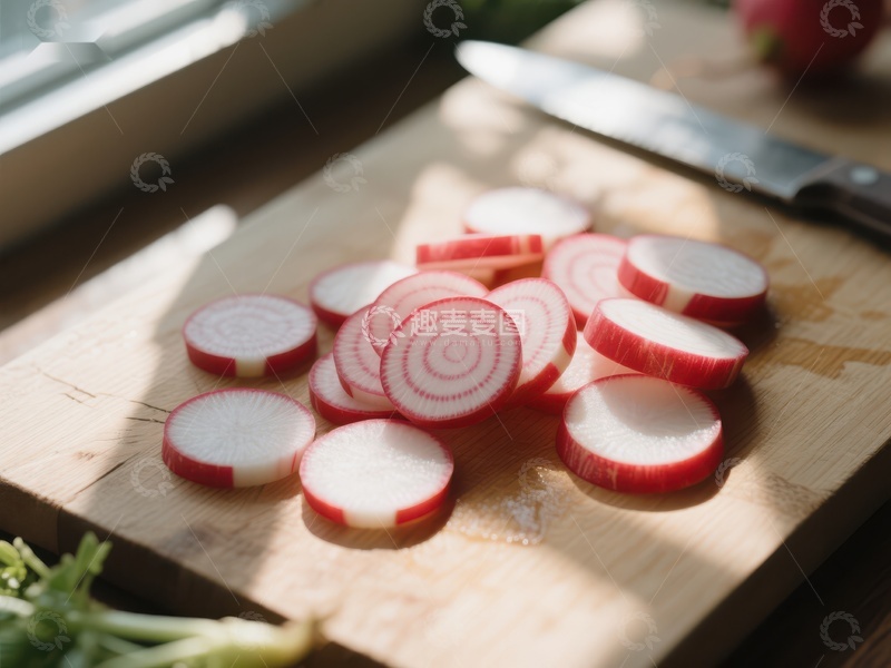 高清大图下载【趣麦麦图】切片萝卜置于木质砧板上