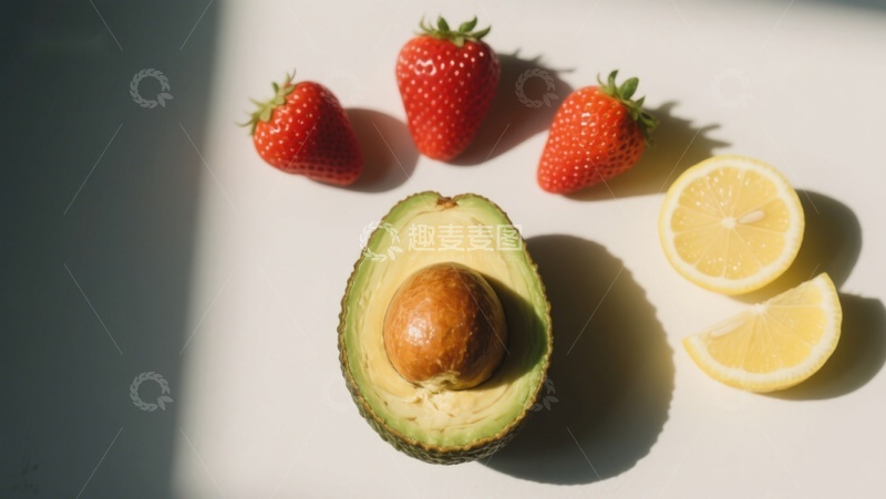 高清大图下载【趣麦麦图】新鲜水果组合：牛油果、草莓与柠檬