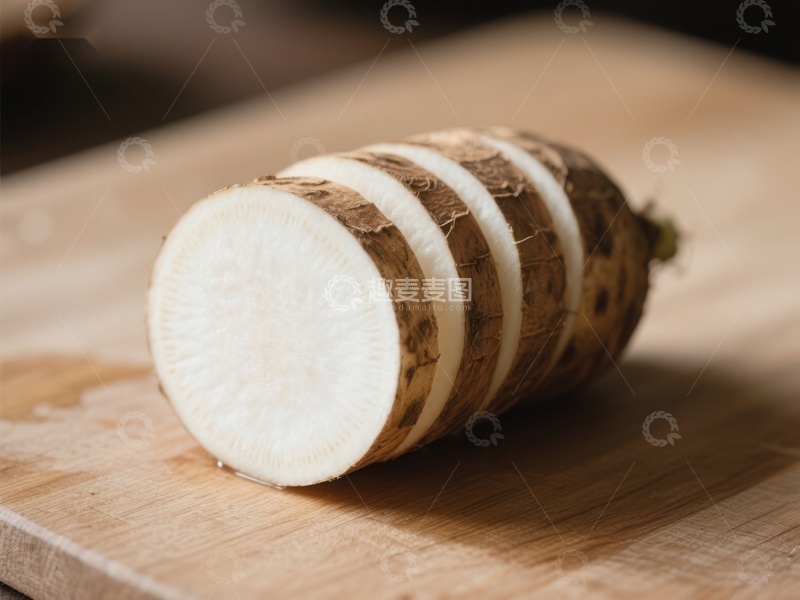 高清大图下载【趣麦麦图】切片芋头放置于木质砧板上