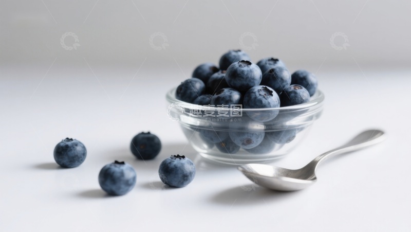 高清大图下载【趣麦麦图】蓝莓盛于玻璃碗中，旁置银勺