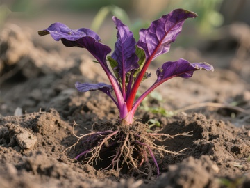 紫色幼苗扎根土壤