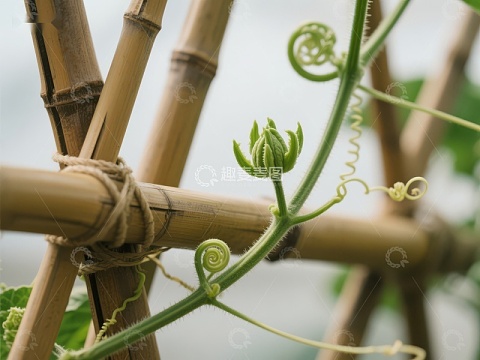 藤蔓攀爬竹架，嫩芽初绽