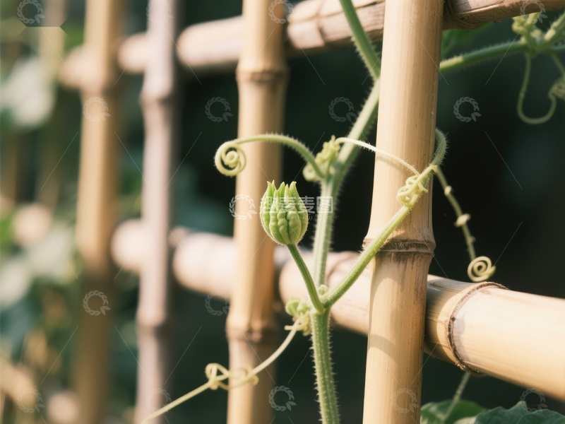 高清大图下载【趣麦麦图】藤蔓攀爬竹架，嫩芽初生