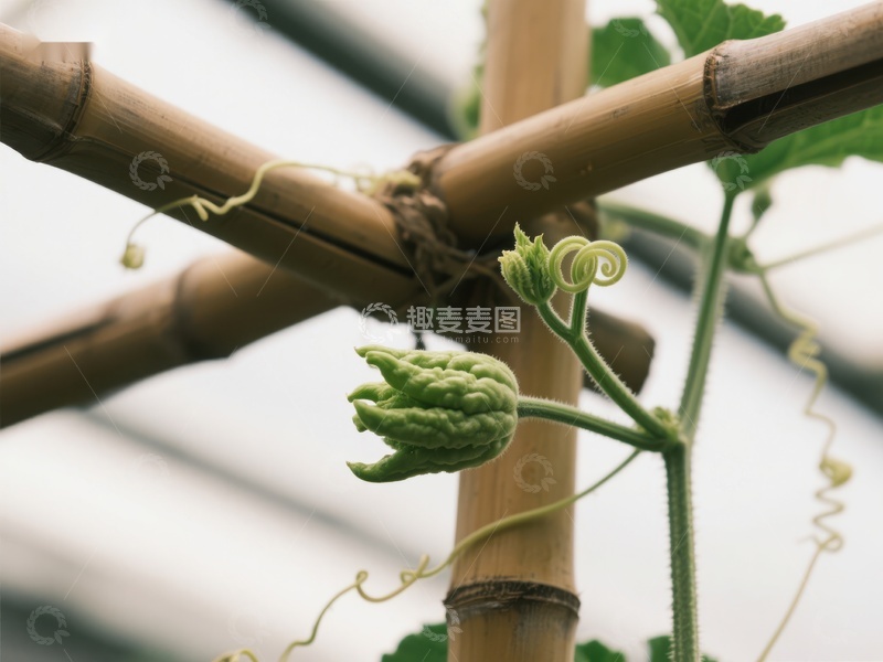 高清大图下载【趣麦麦图】温室中的嫩芽与竹架