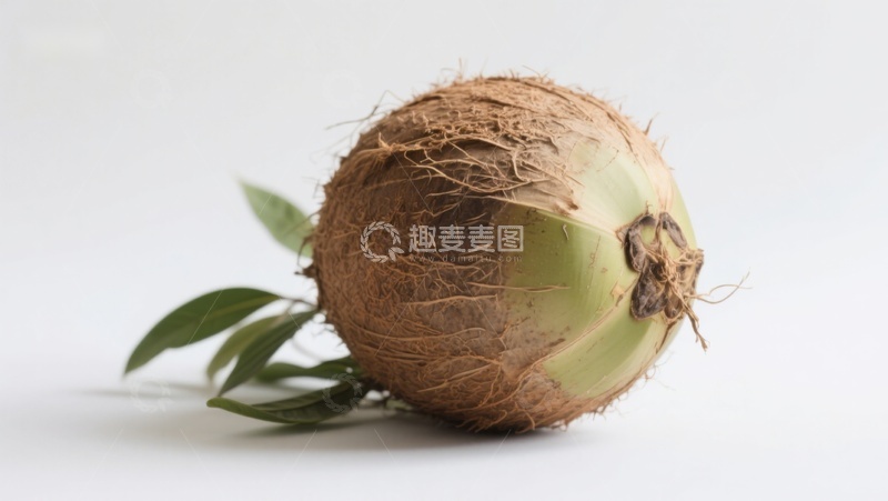 高清大图下载【趣麦麦图】新鲜椰子与绿叶的静物图