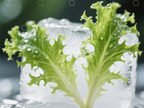 冰块上的新鲜生菜叶