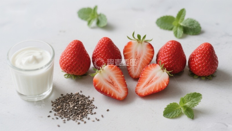 高清大图下载【趣麦麦图】新鲜草莓配酸奶与奇亚籽