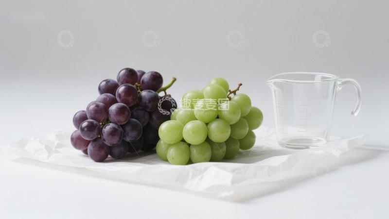 高清大图下载【趣麦麦图】紫绿葡萄与量杯静物组合