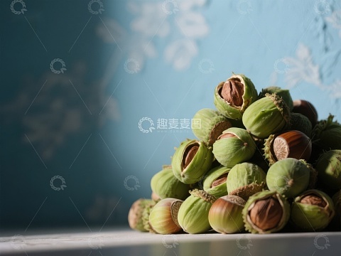 新鲜橡果堆叠静物图