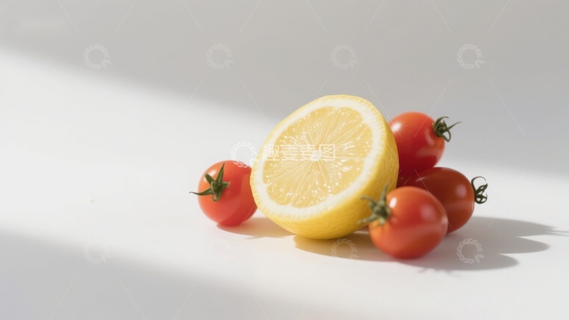 高清大图下载【趣麦麦图】柠檬切片与樱桃番茄的静物组合