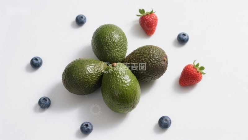 高清大图下载【趣麦麦图】新鲜水果组合：牛油果、草莓与蓝莓