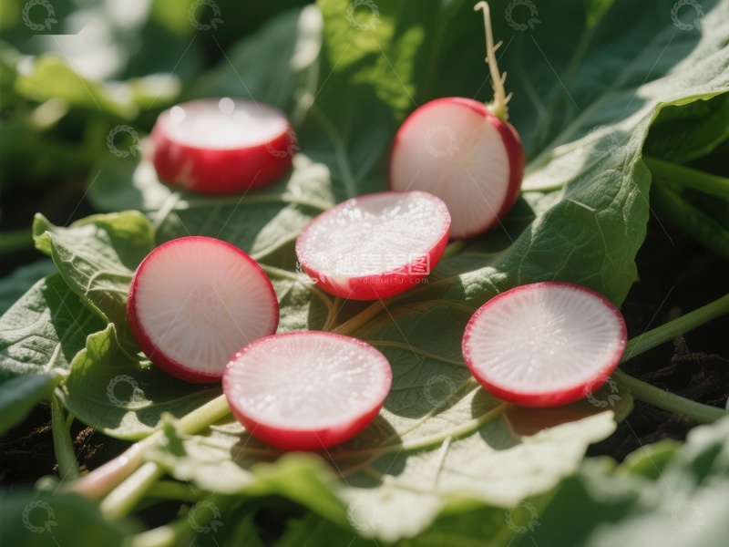 高清大图下载【趣麦麦图】新鲜萝卜切片，绿叶衬托