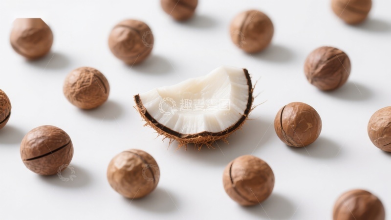 高清大图下载【趣麦麦图】散落的坚果与切开的椰子