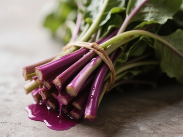 新鲜紫茎绿叶蔬菜特写