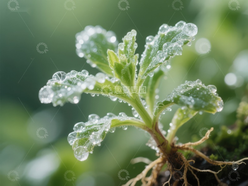 高清大图下载【趣麦麦图】晨露滴落的嫩绿植物