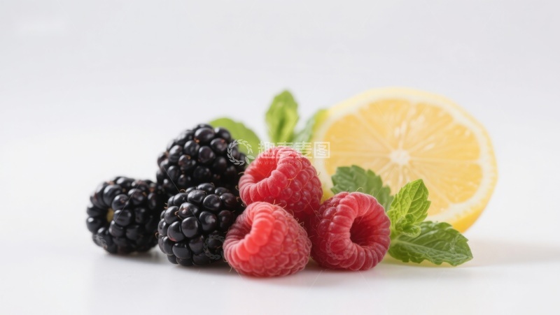 高清大图下载【趣麦麦图】新鲜水果组合：黑莓、覆盆子与柠檬