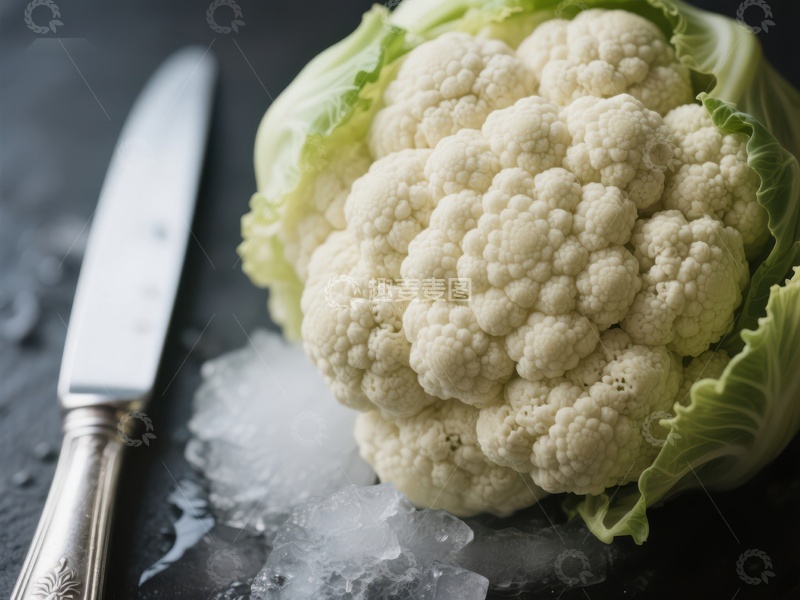 高清大图下载【趣麦麦图】新鲜花椰菜与冰块及刀具