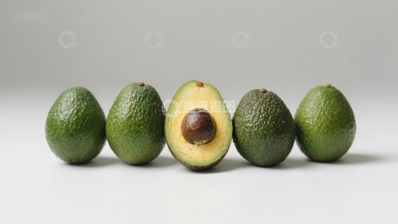 高清大图下载【趣麦麦图】五个牛油果，中间一个切开展示果肉