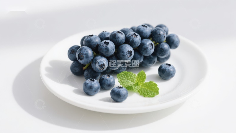 高清大图下载【趣麦麦图】新鲜蓝莓与薄荷叶置于白色盘中