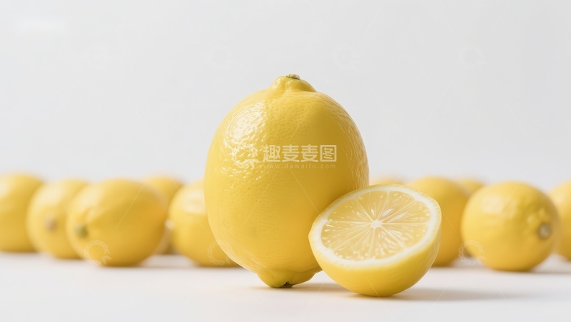 高清大图下载【趣麦麦图】新鲜柠檬排列，一个切开展示内部