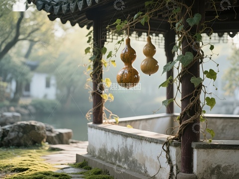 古亭藤蔓挂葫芦，静谧园林景