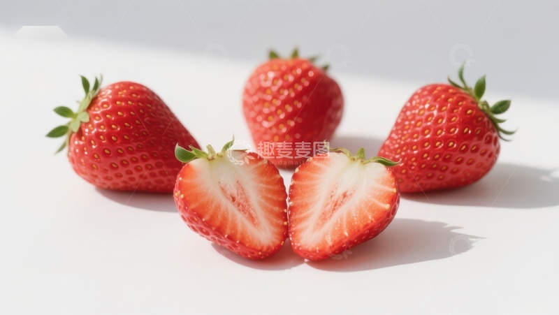 高清大图下载【趣麦麦图】新鲜草莓特写，一半切开展示