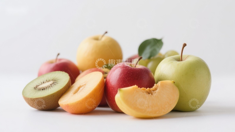 高清大图下载【趣麦麦图】新鲜水果组合：苹果、猕猴桃与桃子