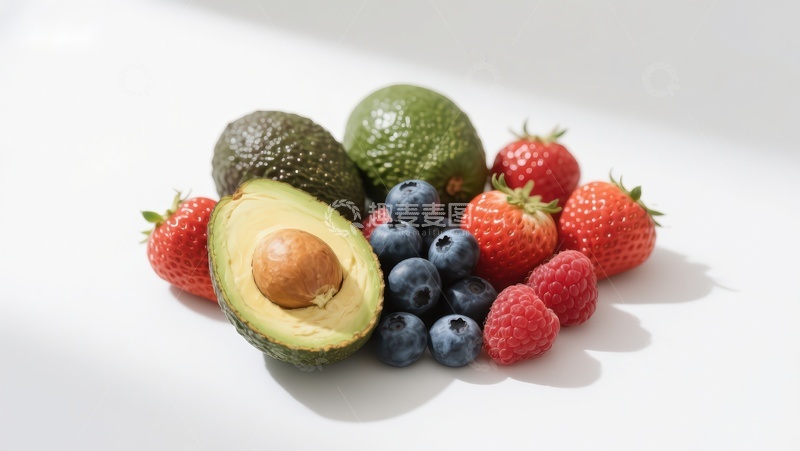 高清大图下载【趣麦麦图】新鲜水果组合：牛油果、蓝莓与草莓