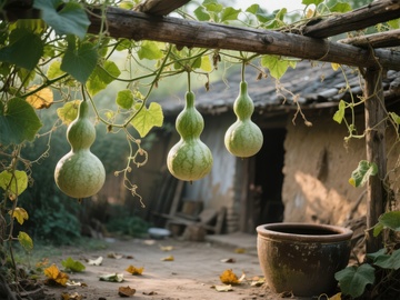 庭院中悬挂的葫芦与陶罐