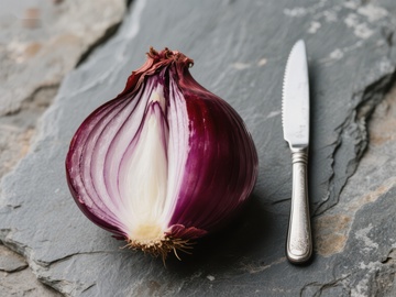 红洋葱与刀具静物图