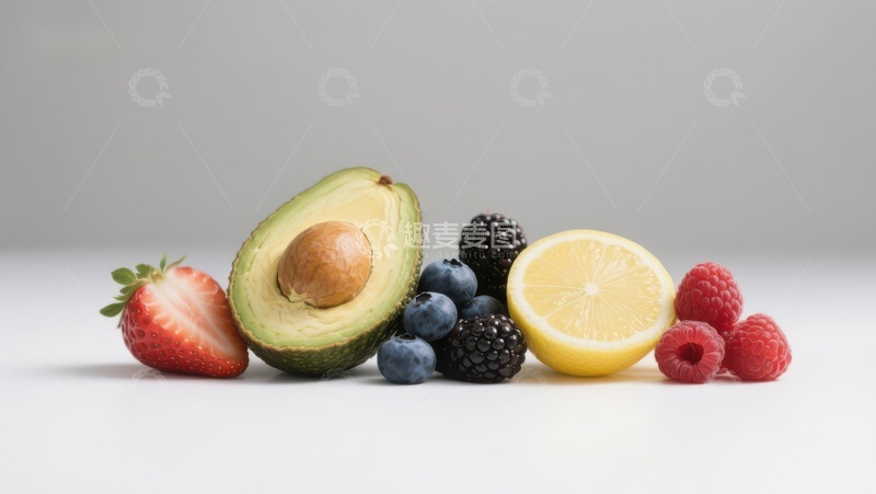 高清大图下载【趣麦麦图】新鲜水果组合：草莓、牛油果、蓝莓、黑莓、柠檬和覆盆子