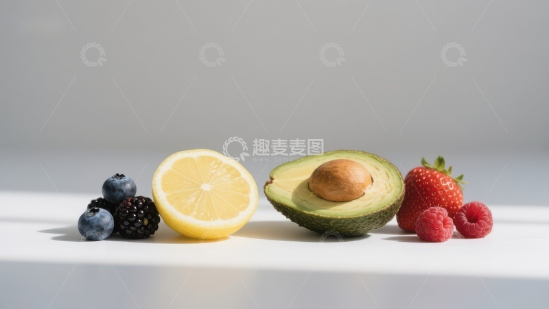 高清大图下载【趣麦麦图】新鲜水果展示：柠檬、牛油果与浆果