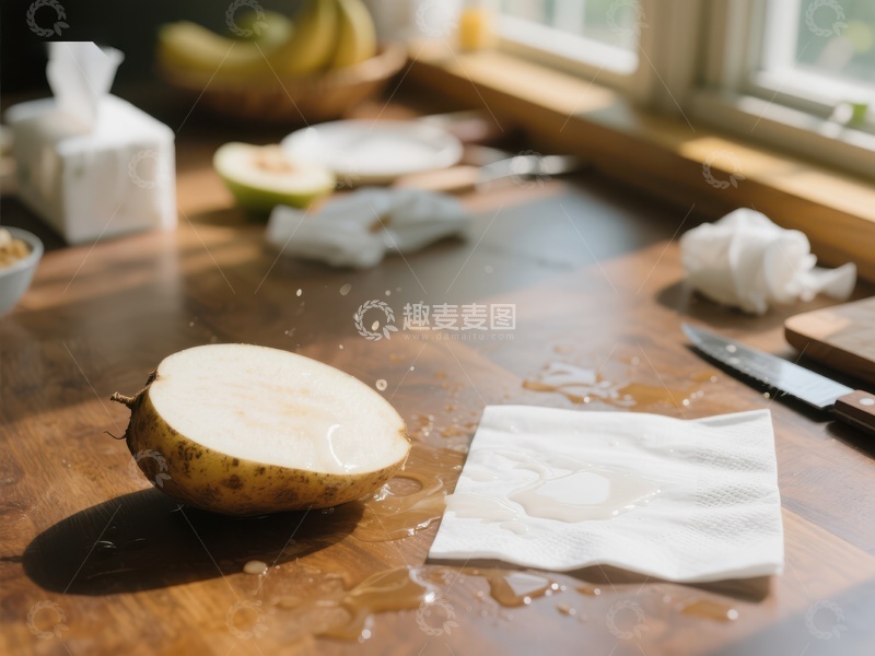 高清大图下载【趣麦麦图】切开的梨子在木质桌面上溅水