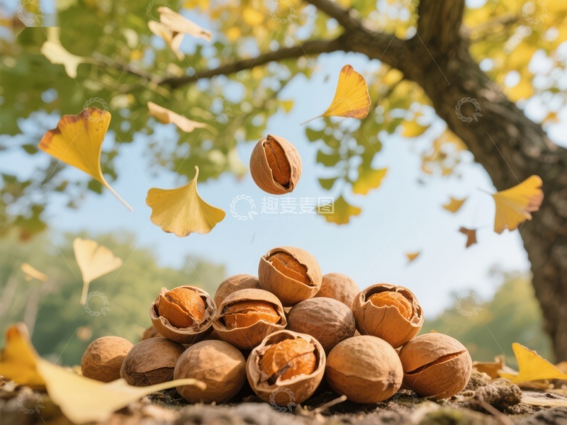 高清大图下载【趣麦麦图】秋日树下核桃与落叶