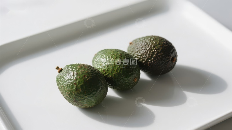 高清大图下载【趣麦麦图】三个牛油果置于白色盘中