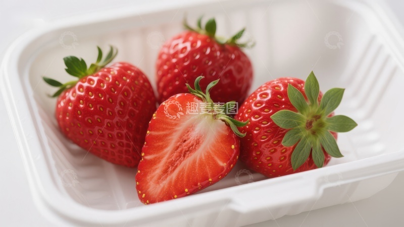 高清大图下载【趣麦麦图】新鲜草莓装在白色塑料盒中