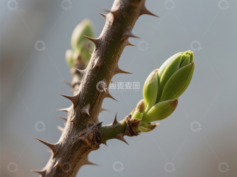 高清大图下载【趣麦麦图】带刺枝条上的嫩芽特写