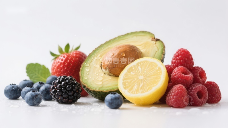 高清大图下载【趣麦麦图】新鲜水果组合：草莓、蓝莓、柠檬与牛油果